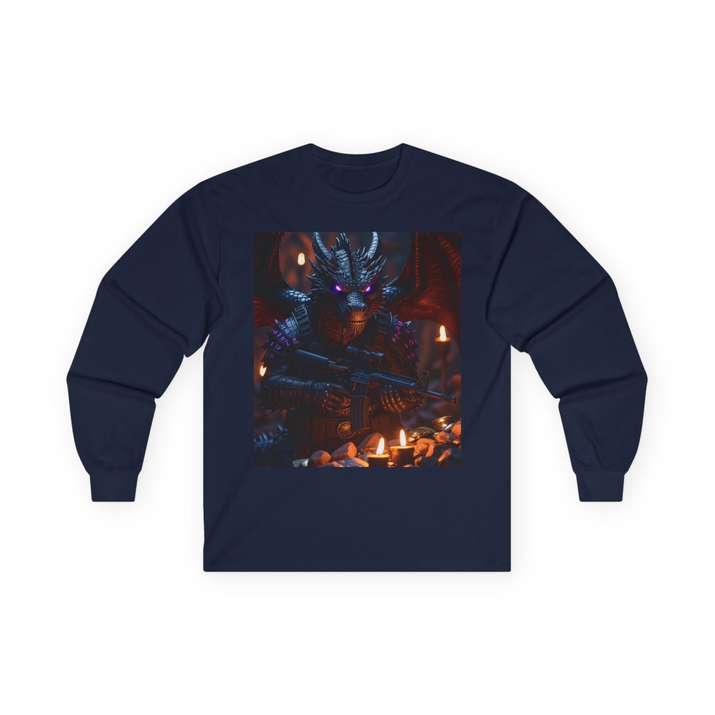 Dragon Knight Art Long Sleeve Tee — Dark Fantasy Candlelight Design