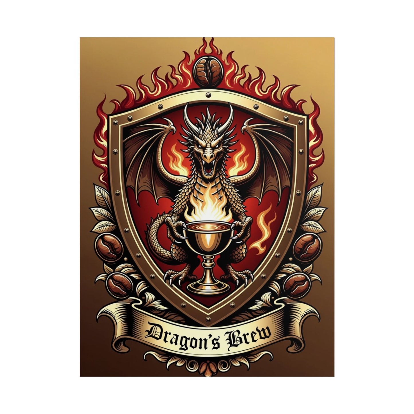 Dragon's Brew Poster — Fantasy Dragon Shield Artwork Rolled Poster