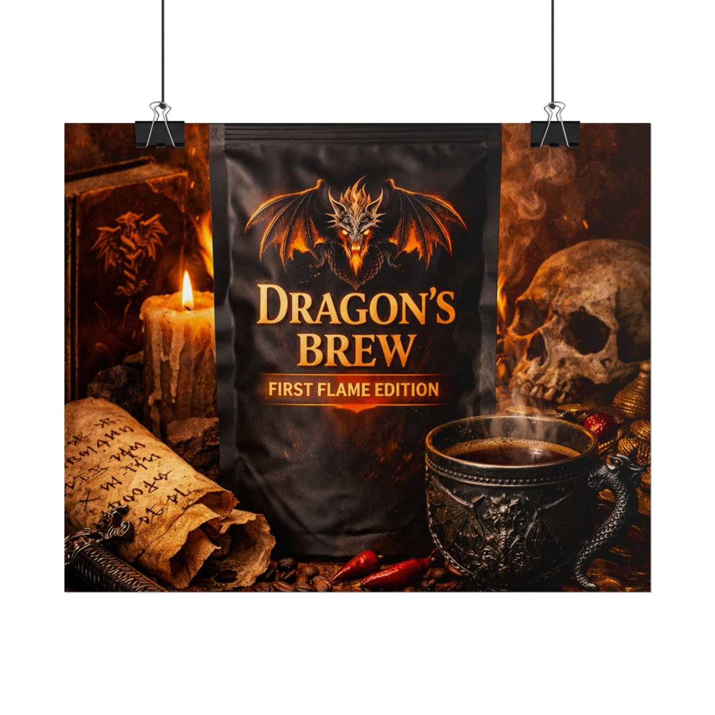 Rolled Poster — "Dragon's Brew: First Flame Edition" Fantasy Coffee Art Print