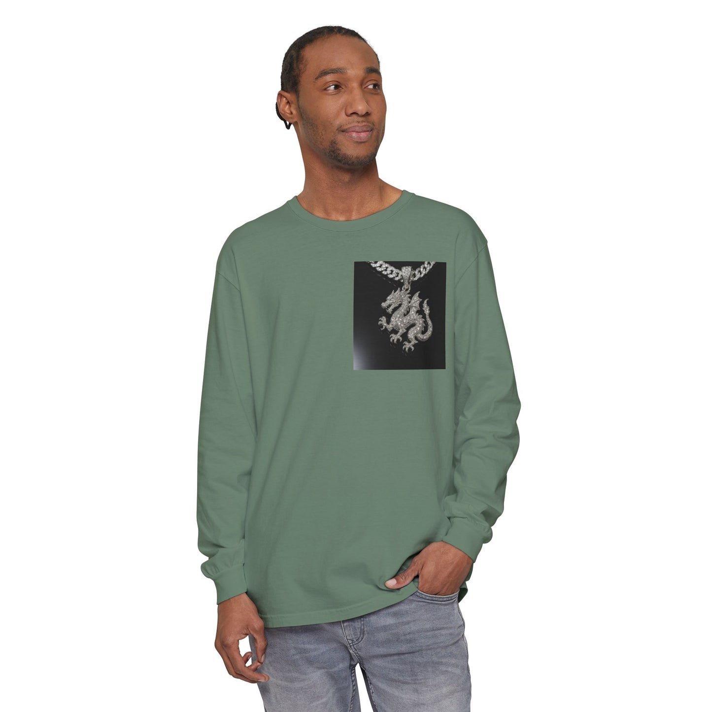 Dragon Pendant Long Sleeve T‑Shirt — Gothic Silver Chain Graphic
