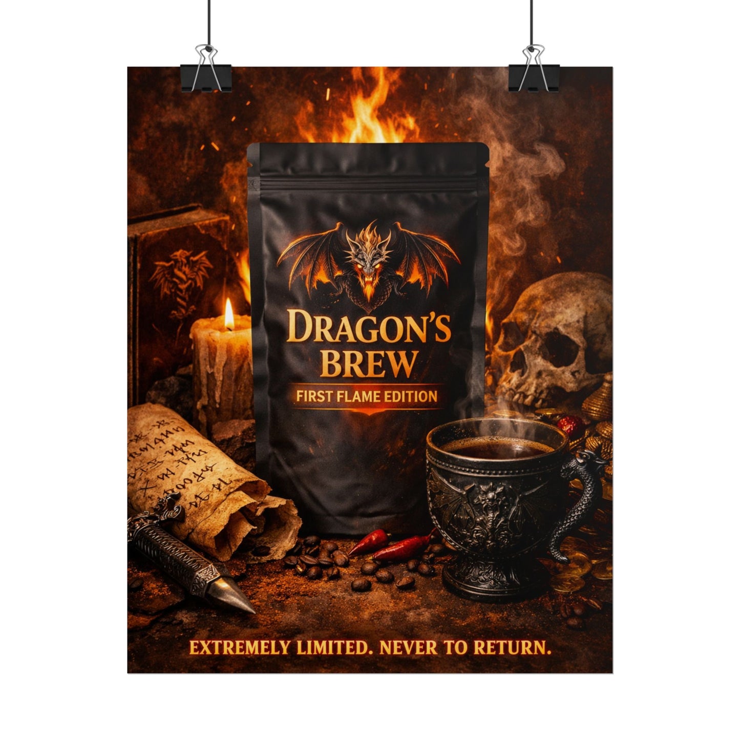 Rolled Poster — "Dragon's Brew: First Flame Edition" Fantasy Coffee Art Print