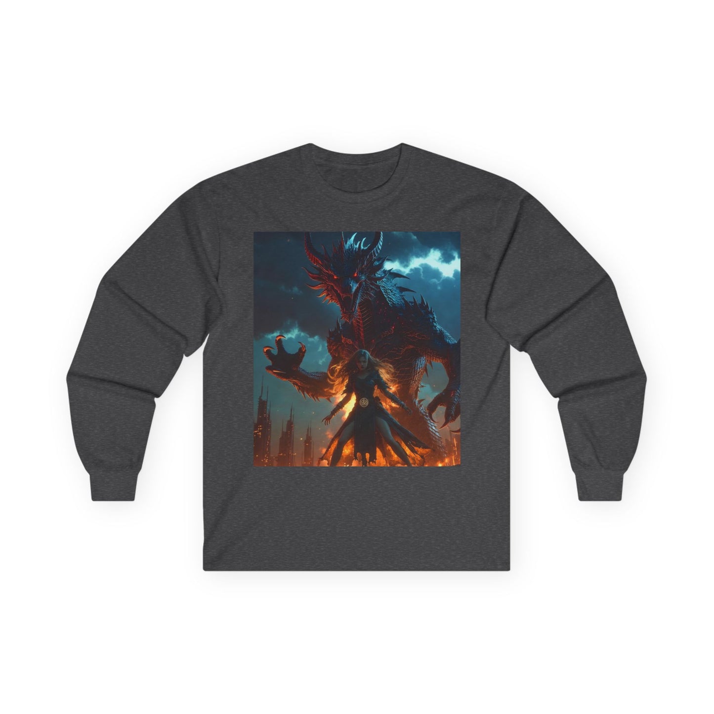Dragon of Flame Long Sleeve Tee — Dark Fantasy Fire Demon Artwork