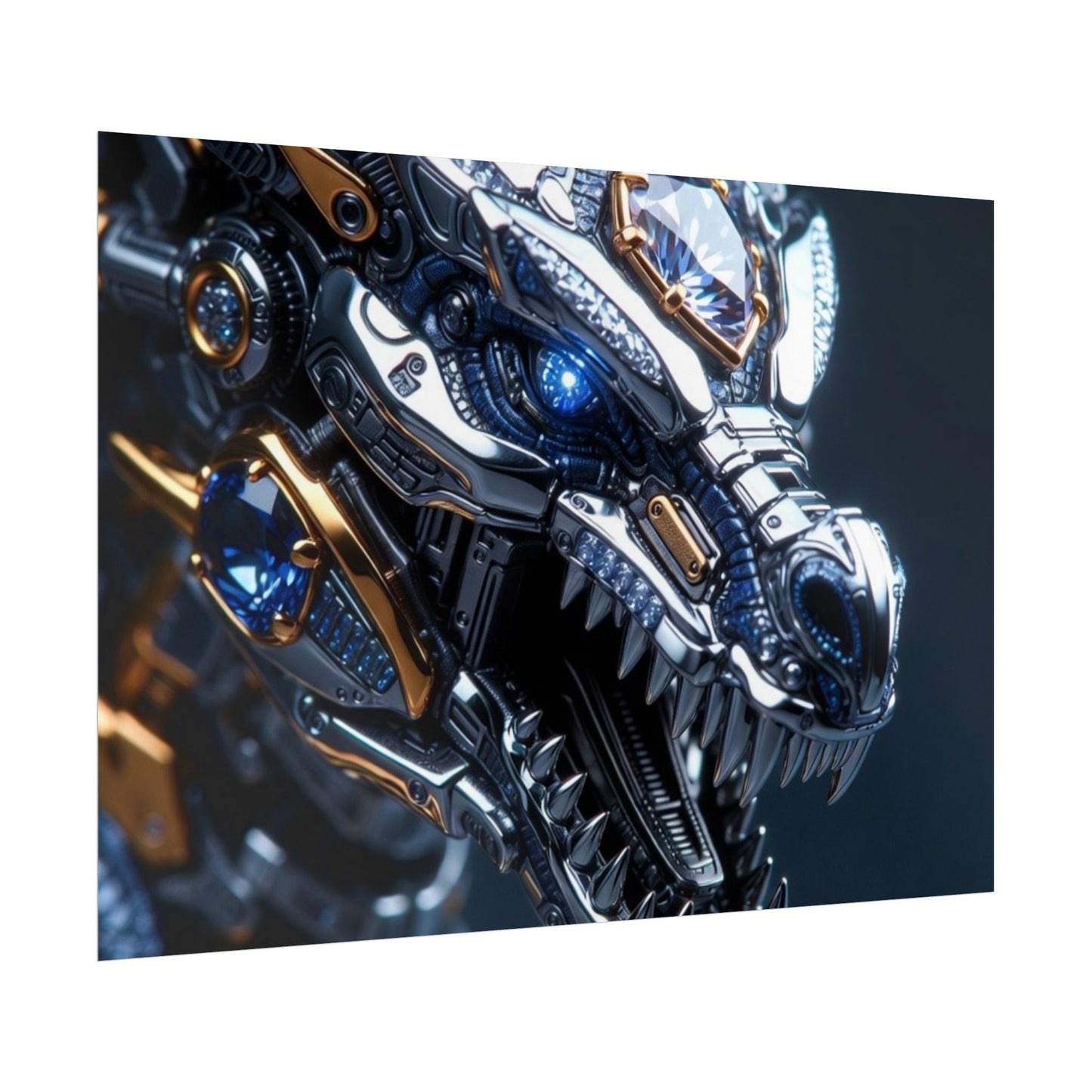 Mechanical Dragon Poster — Futuristic Gold & Blue Sci‑Fi Wall Art