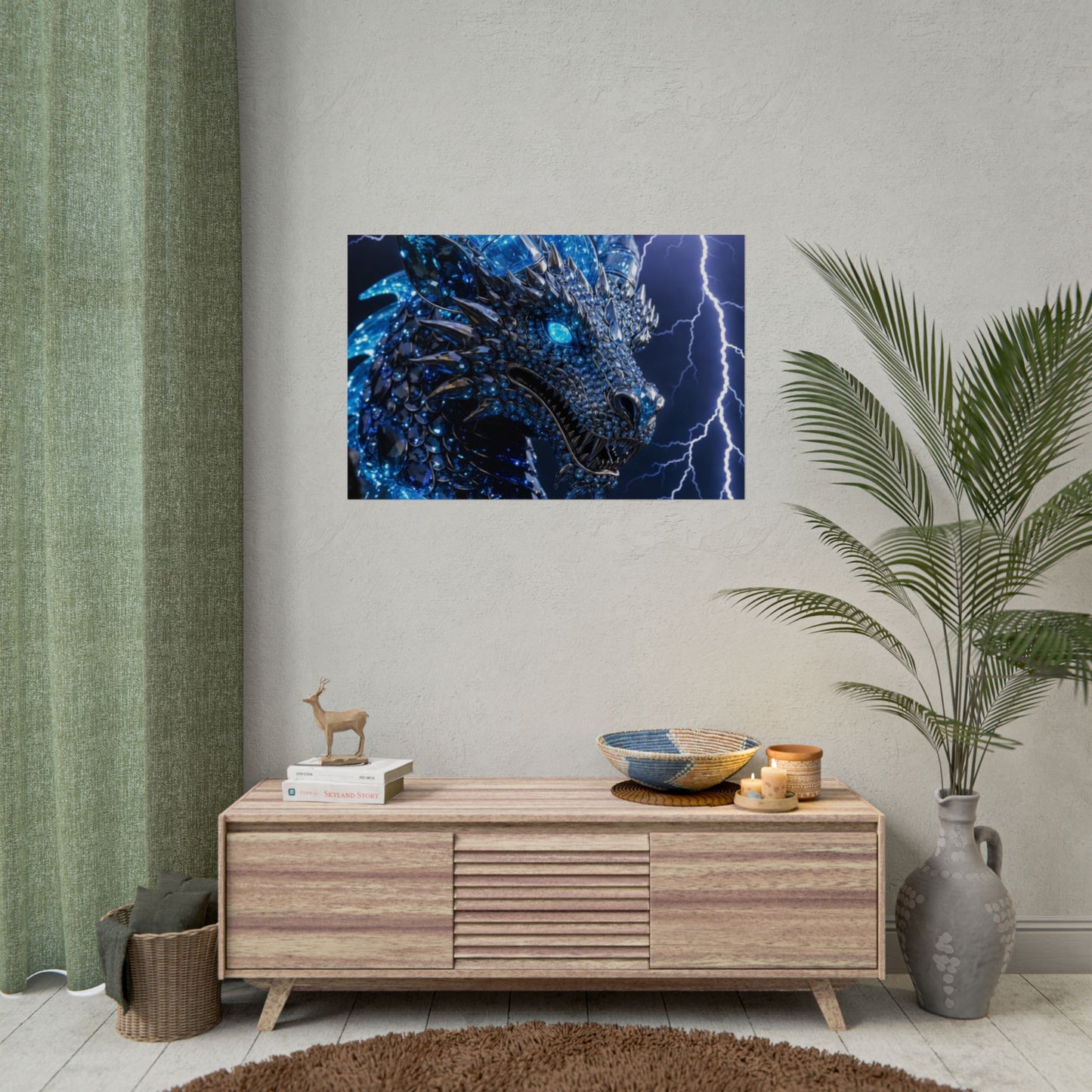 Blue Lightning Dragon Poster — Fantasy Wall Art Rolled Poster