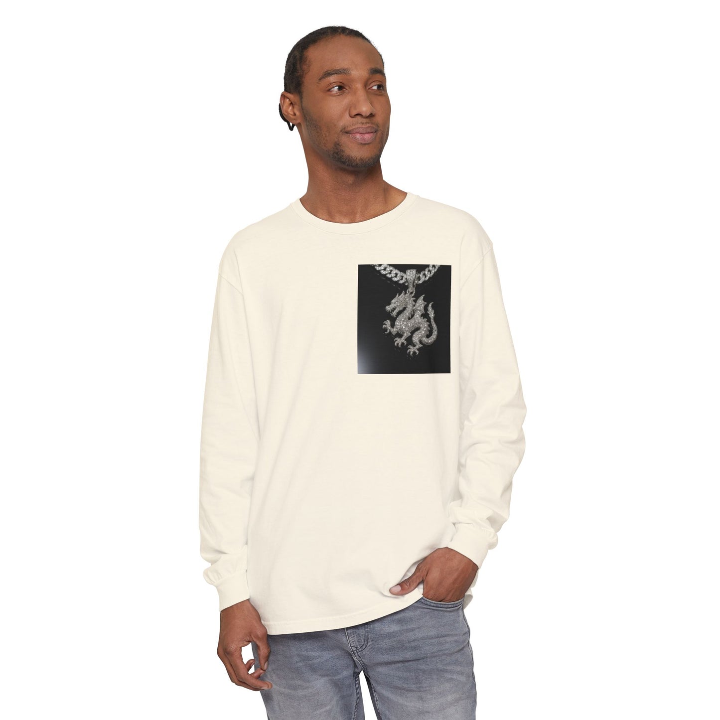Dragon Pendant Long Sleeve T‑Shirt — Gothic Silver Chain Graphic