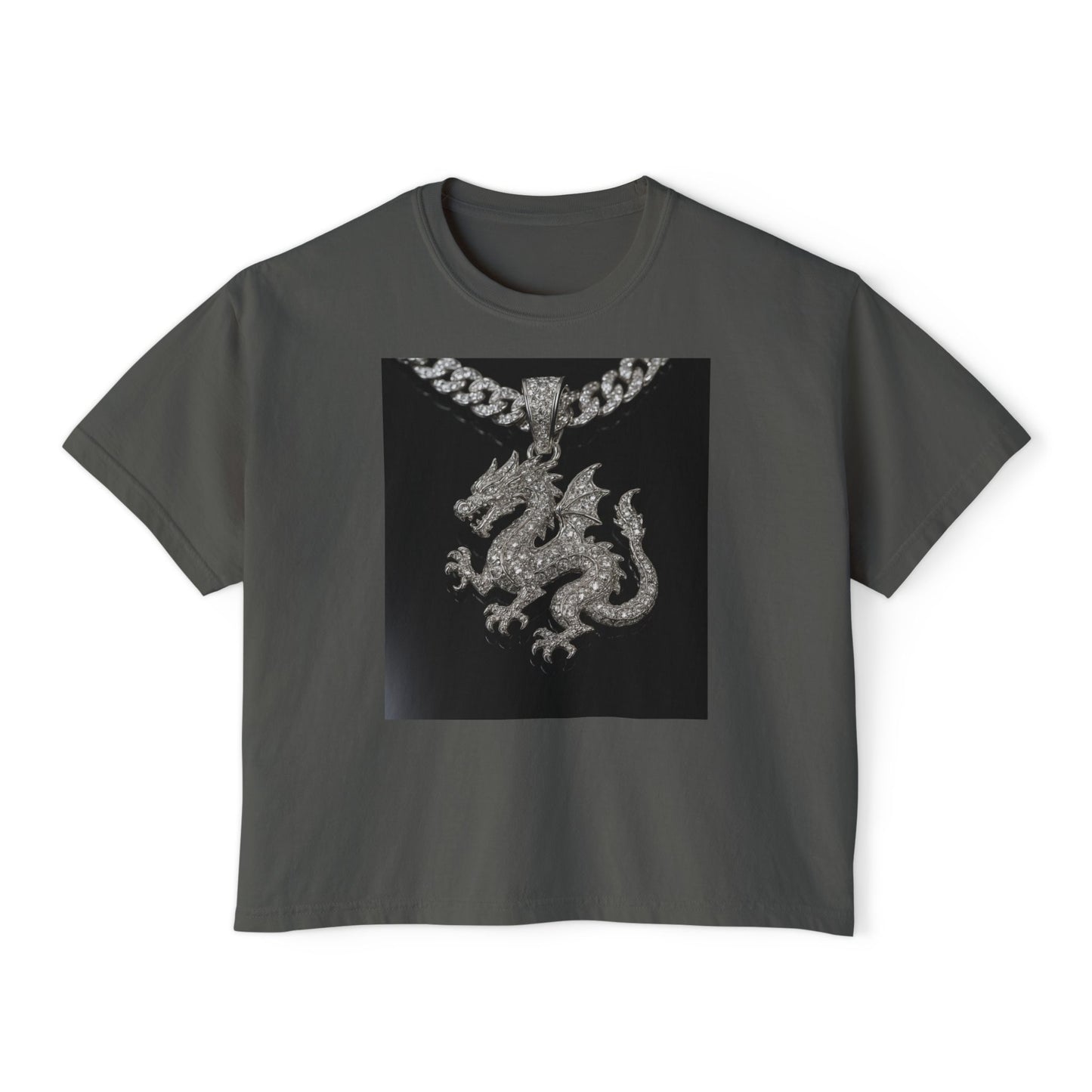 A Divine Diamond Dragon Pendant Graphic Women's Boxy Tee, Casual T-Shirt, Trendy Fashion, Streetwear Style, Unique Gift for Her, Everyday Wear