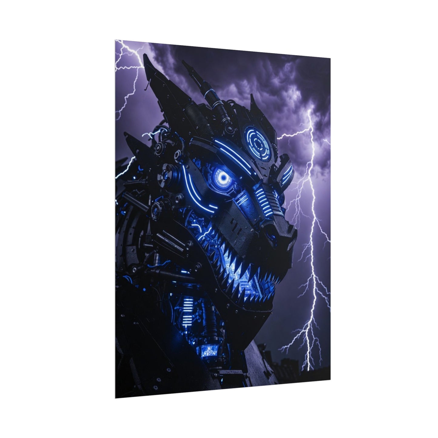 CyberDragon Storm Poster — Futuristic Mech Wolf Art Print (Rolled Poster)