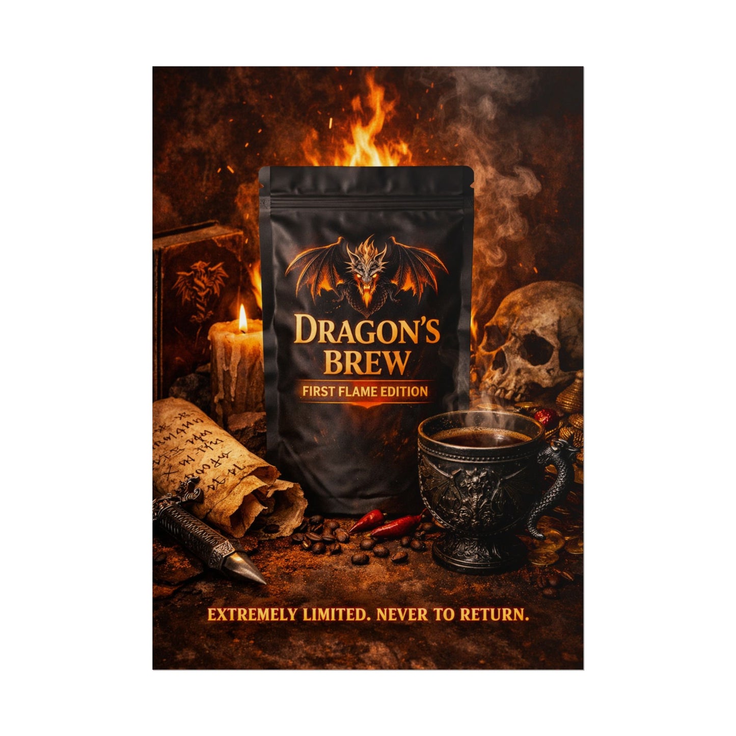 Rolled Poster — "Dragon's Brew: First Flame Edition" Fantasy Coffee Art Print