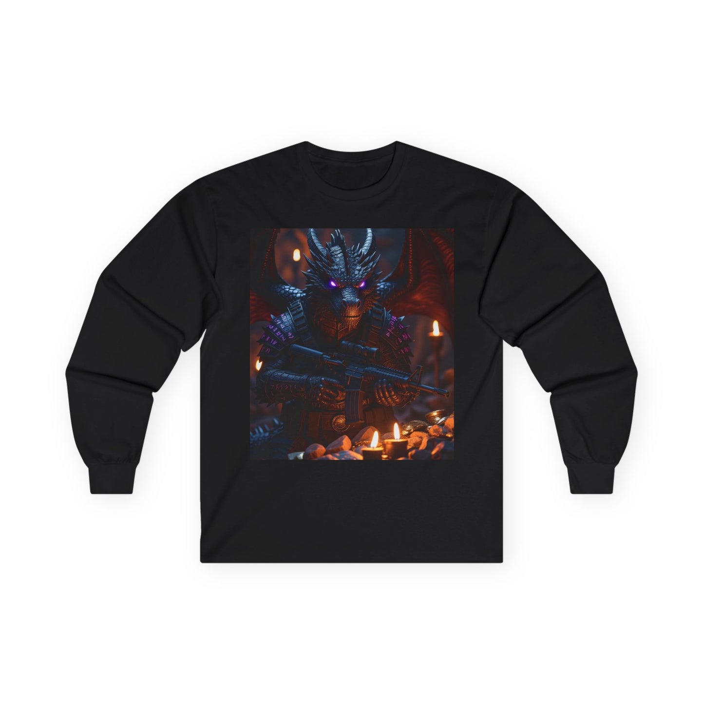 Dragon Knight Art Long Sleeve Tee — Dark Fantasy Candlelight Design
