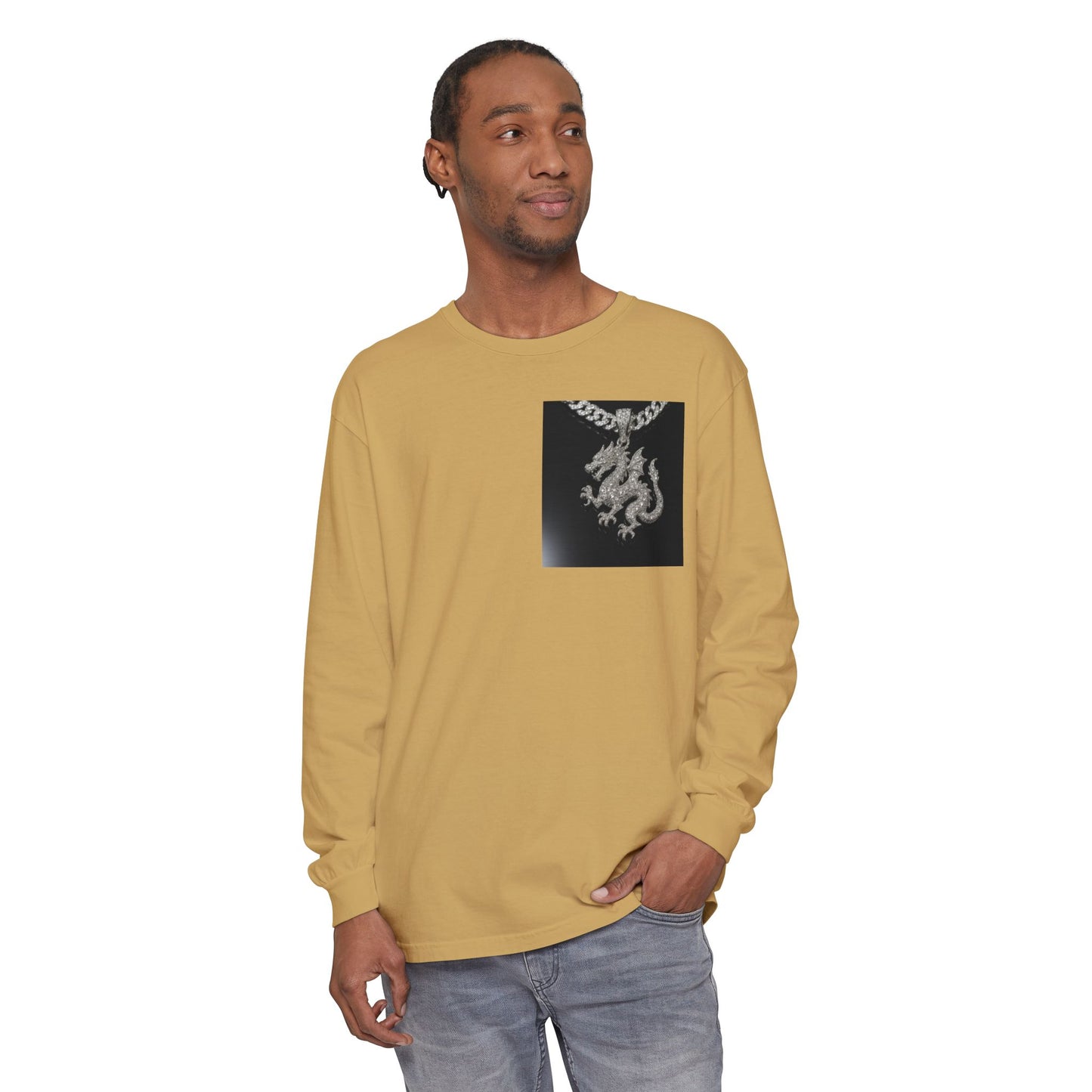 Dragon Pendant Long Sleeve T‑Shirt — Gothic Silver Chain Graphic