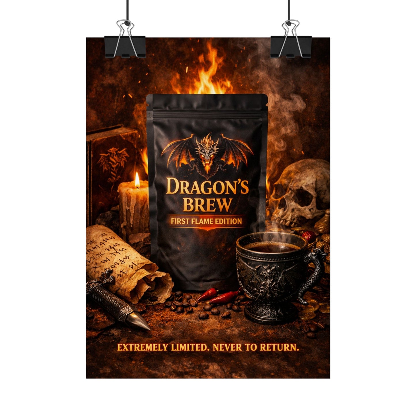 Rolled Poster — "Dragon's Brew: First Flame Edition" Fantasy Coffee Art Print