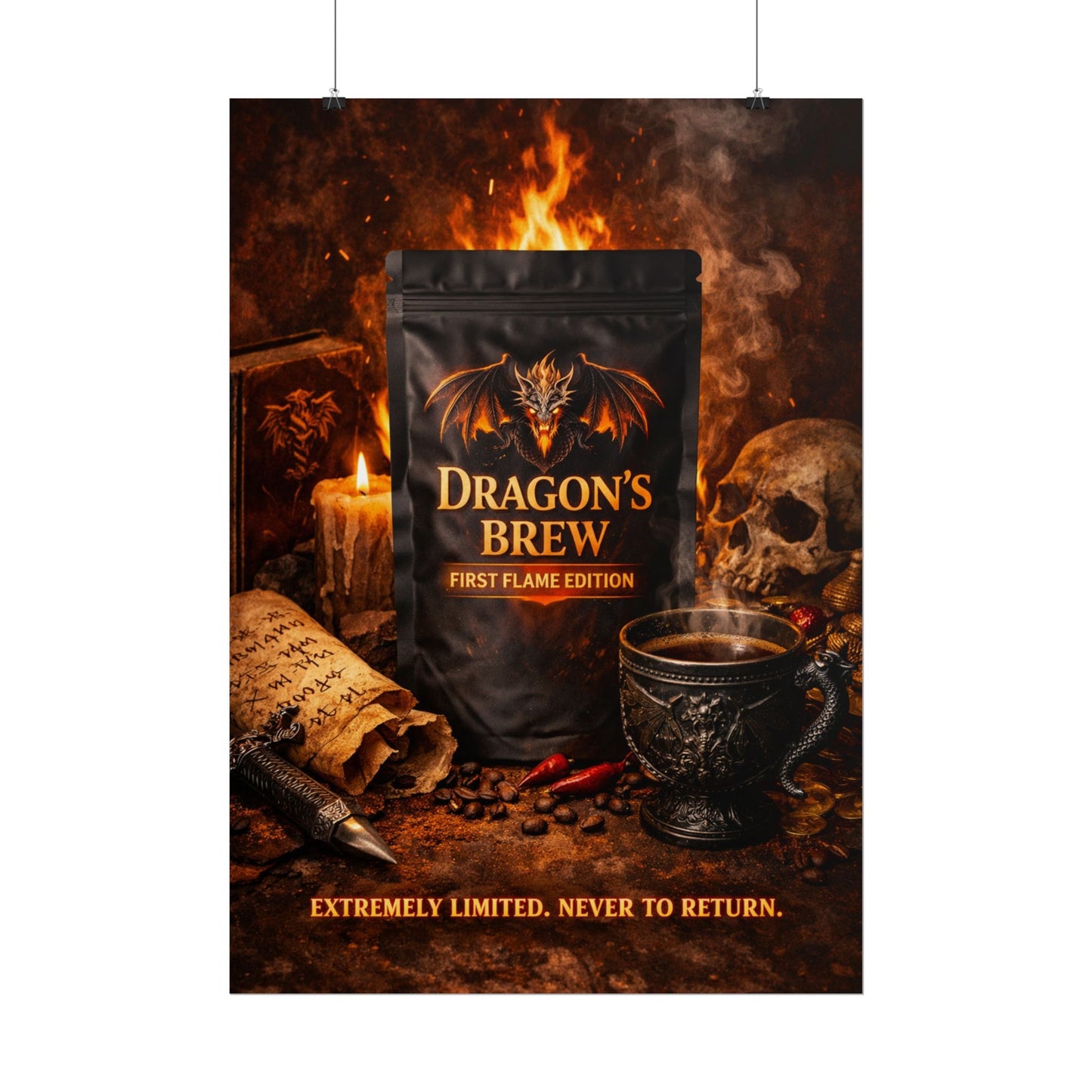 Rolled Poster — "Dragon's Brew: First Flame Edition" Fantasy Coffee Art Print