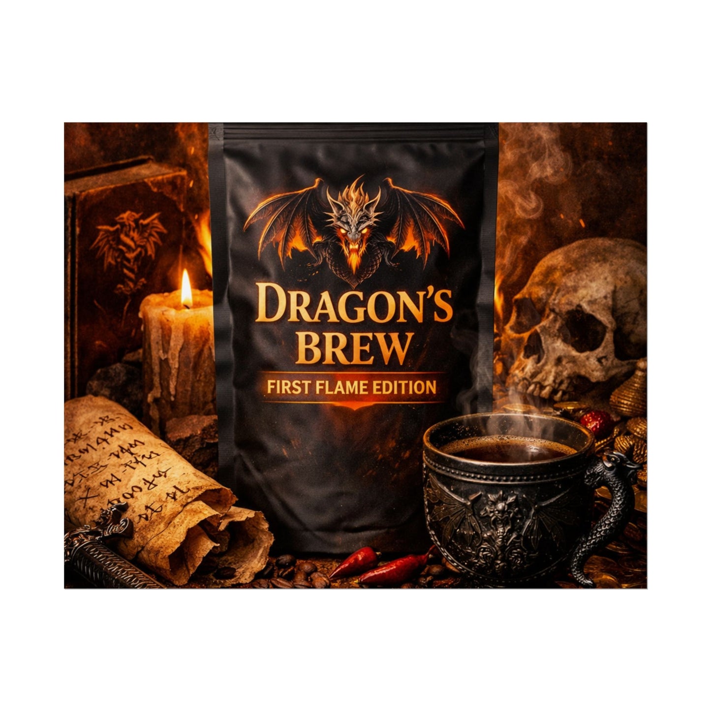 Rolled Poster — "Dragon's Brew: First Flame Edition" Fantasy Coffee Art Print