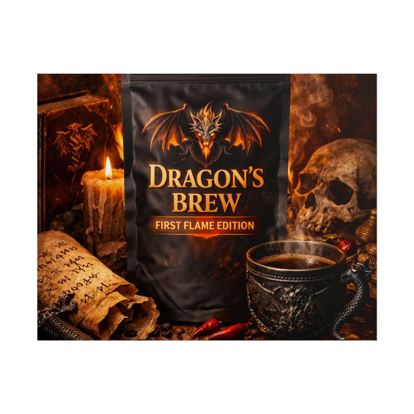 Rolled Poster — "Dragon's Brew: First Flame Edition" Fantasy Coffee Art Print