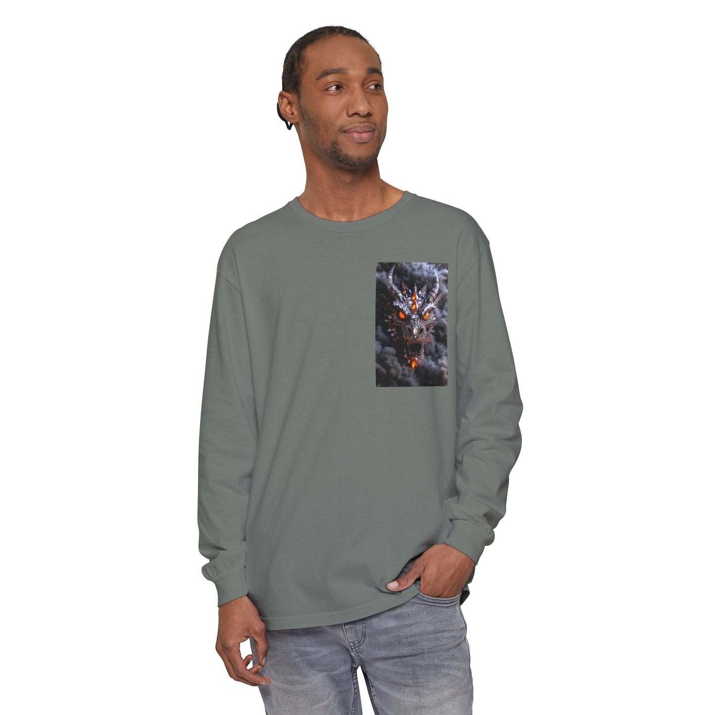 Long Sleeve T‑Shirt — Smoky Dragon Chest Print, Spooky Autumn Graphic