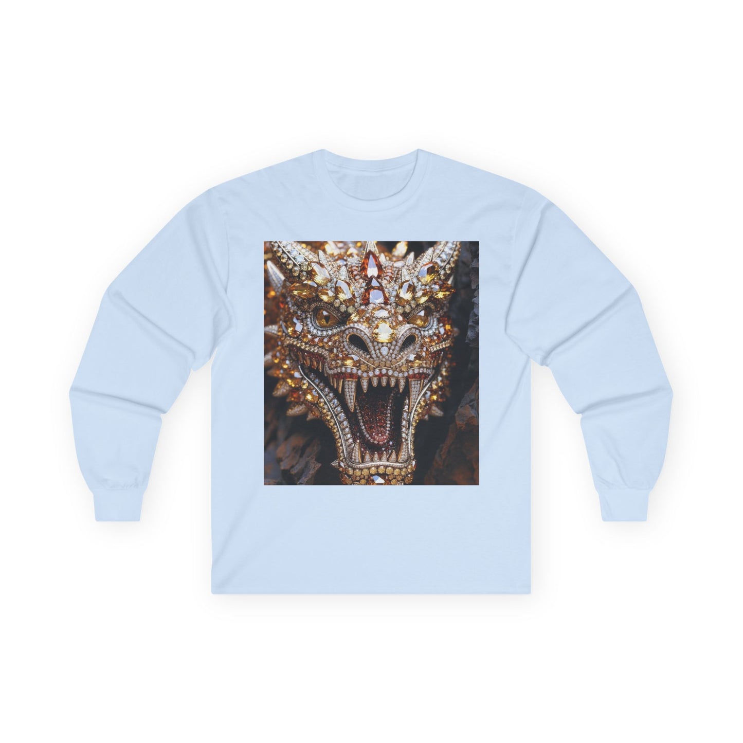 Dragon Mask Long Sleeve Tee — Ornate Fiery Dragon Face Graphic