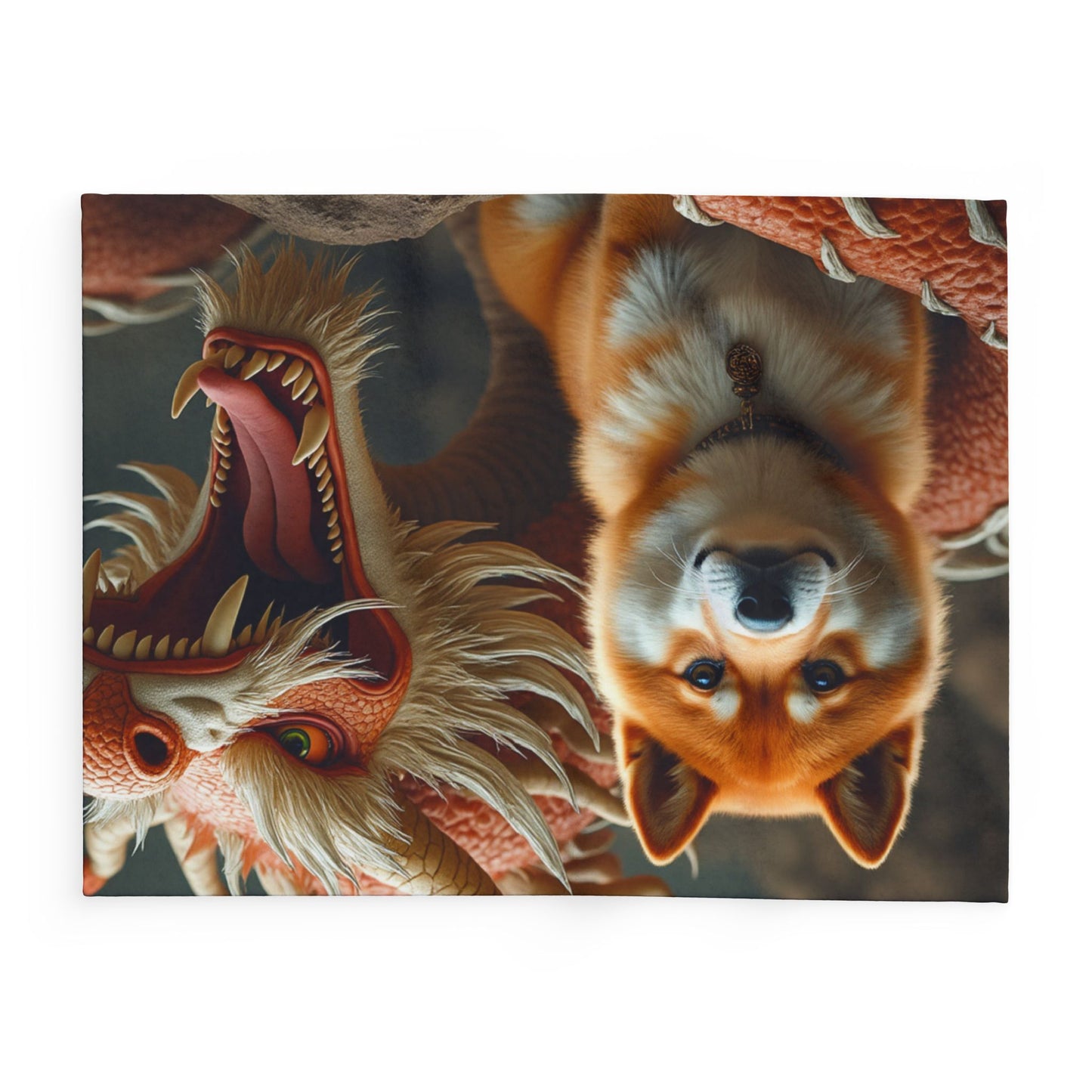 A Cozy Arctic Fleece Blanket with Dragon and Dog Design – Perfect for Animal Lovers