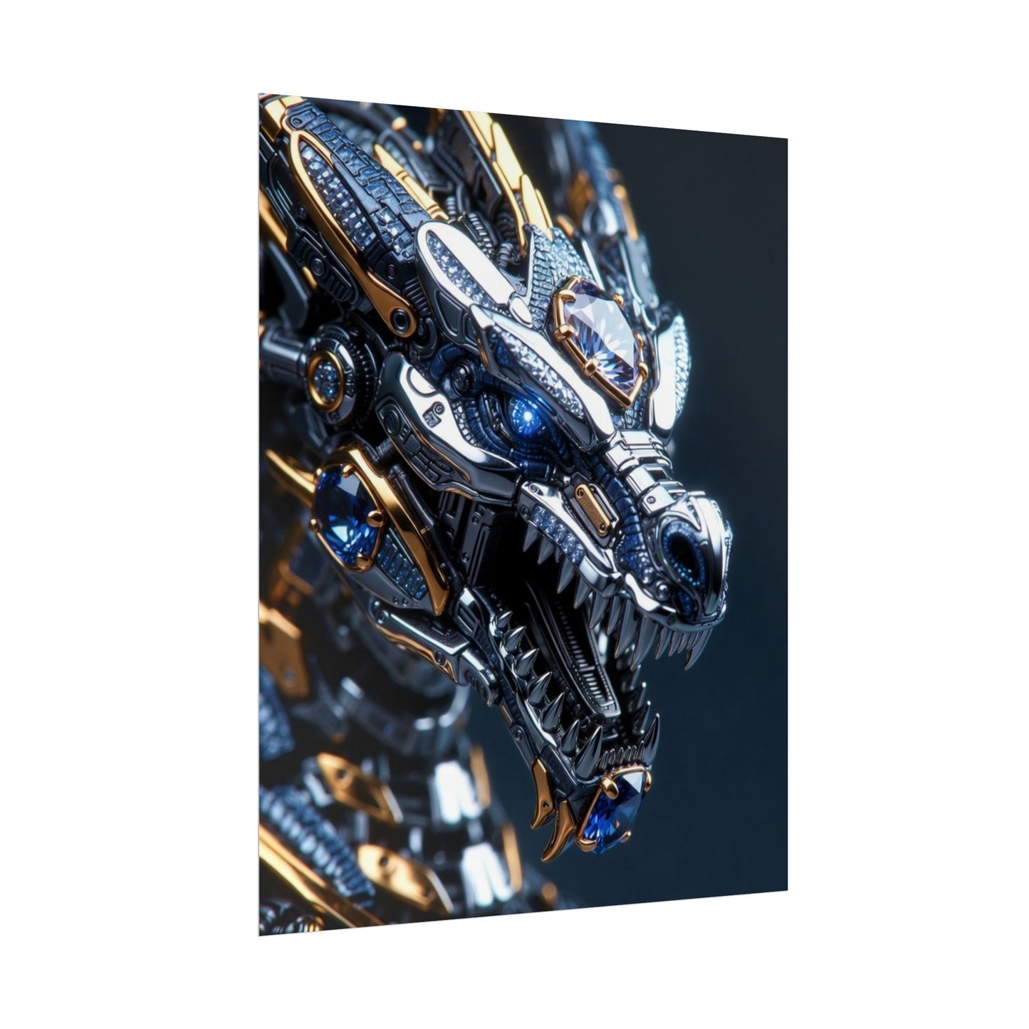 Mechanical Dragon Poster — Futuristic Gold & Blue Sci‑Fi Wall Art