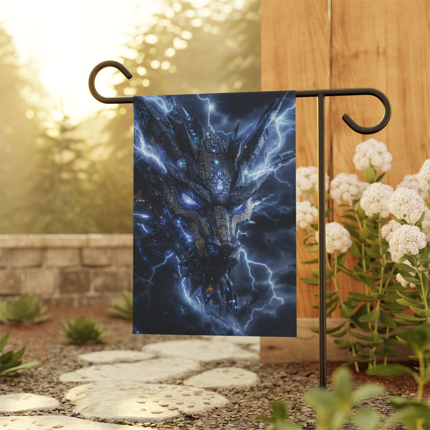 Electric Dragon Garden Flag — Stormy Blue Fantasy House Banner