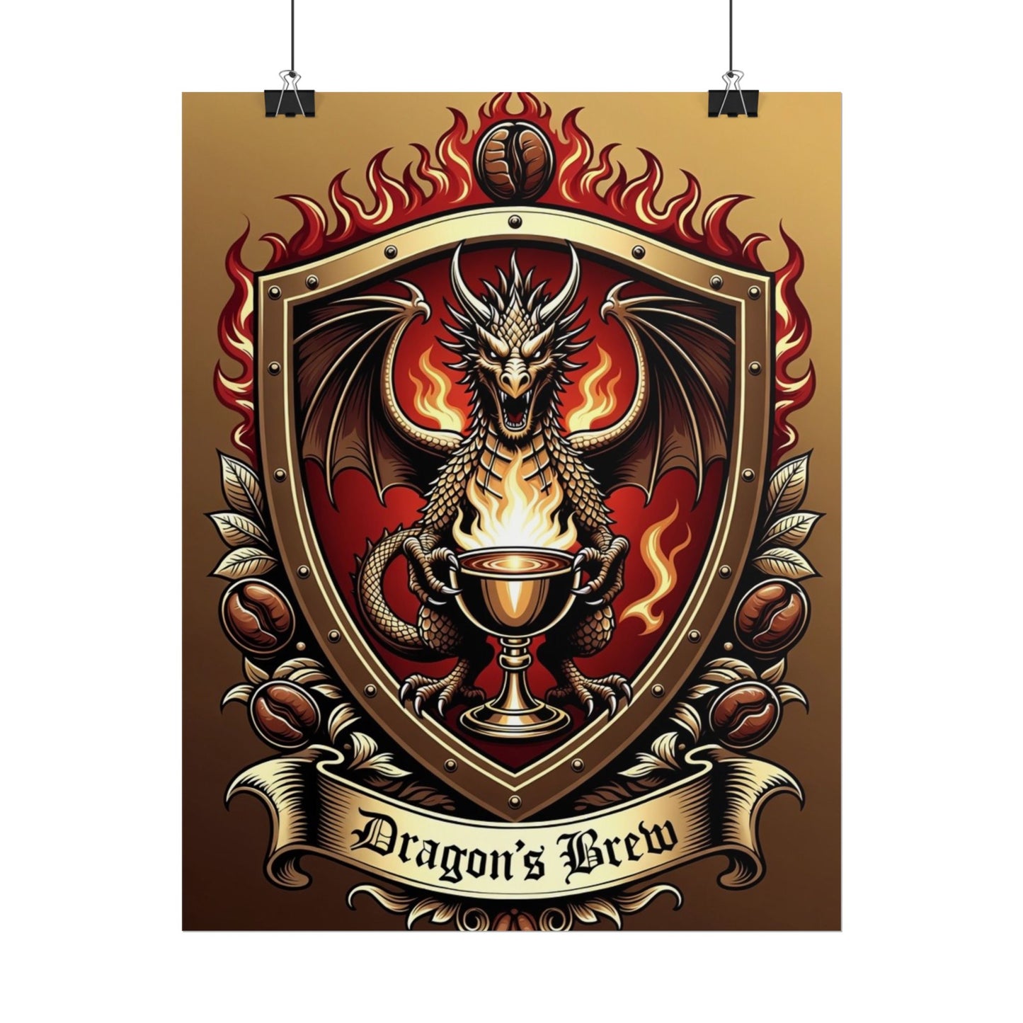 Dragon's Brew Poster — Fantasy Dragon Shield Artwork Rolled Poster