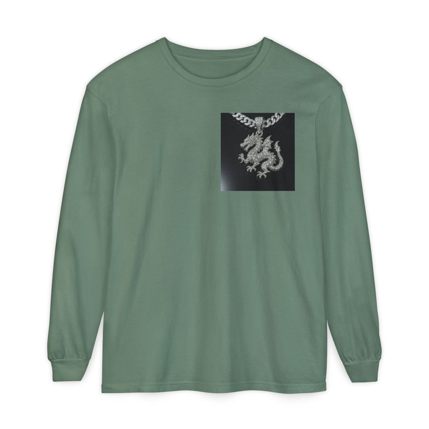 Dragon Pendant Long Sleeve T‑Shirt — Gothic Silver Chain Graphic