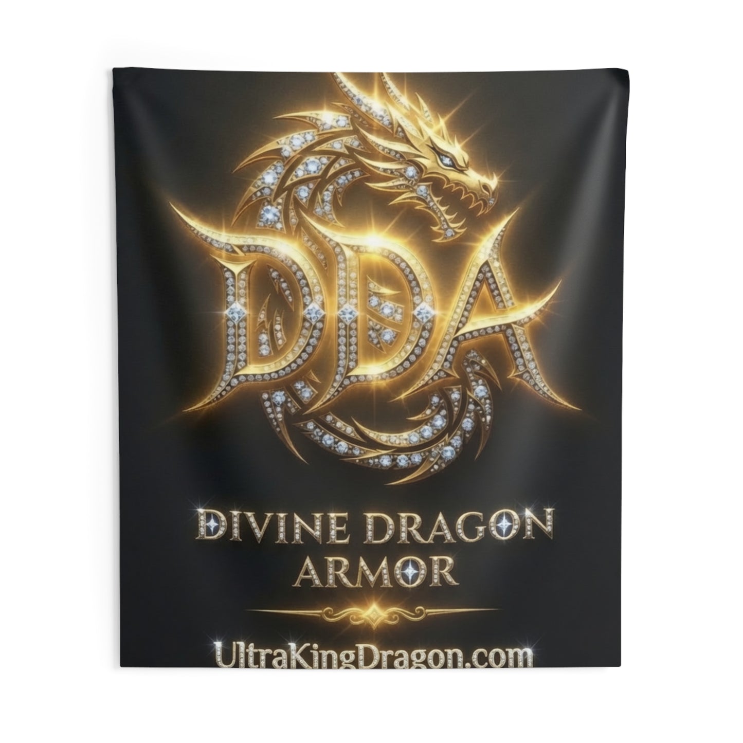 Divine Dragon Armor Wall Tapestry — Gold Dragon Shield Logo Decor (UltraKingDragon.com)