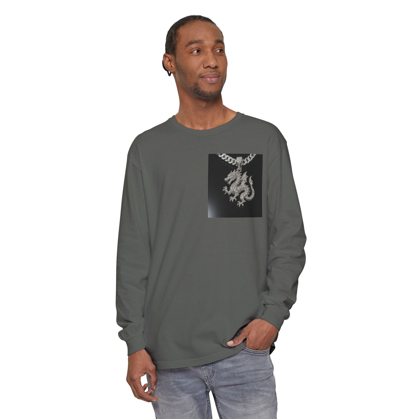 Dragon Pendant Long Sleeve T‑Shirt — Gothic Silver Chain Graphic