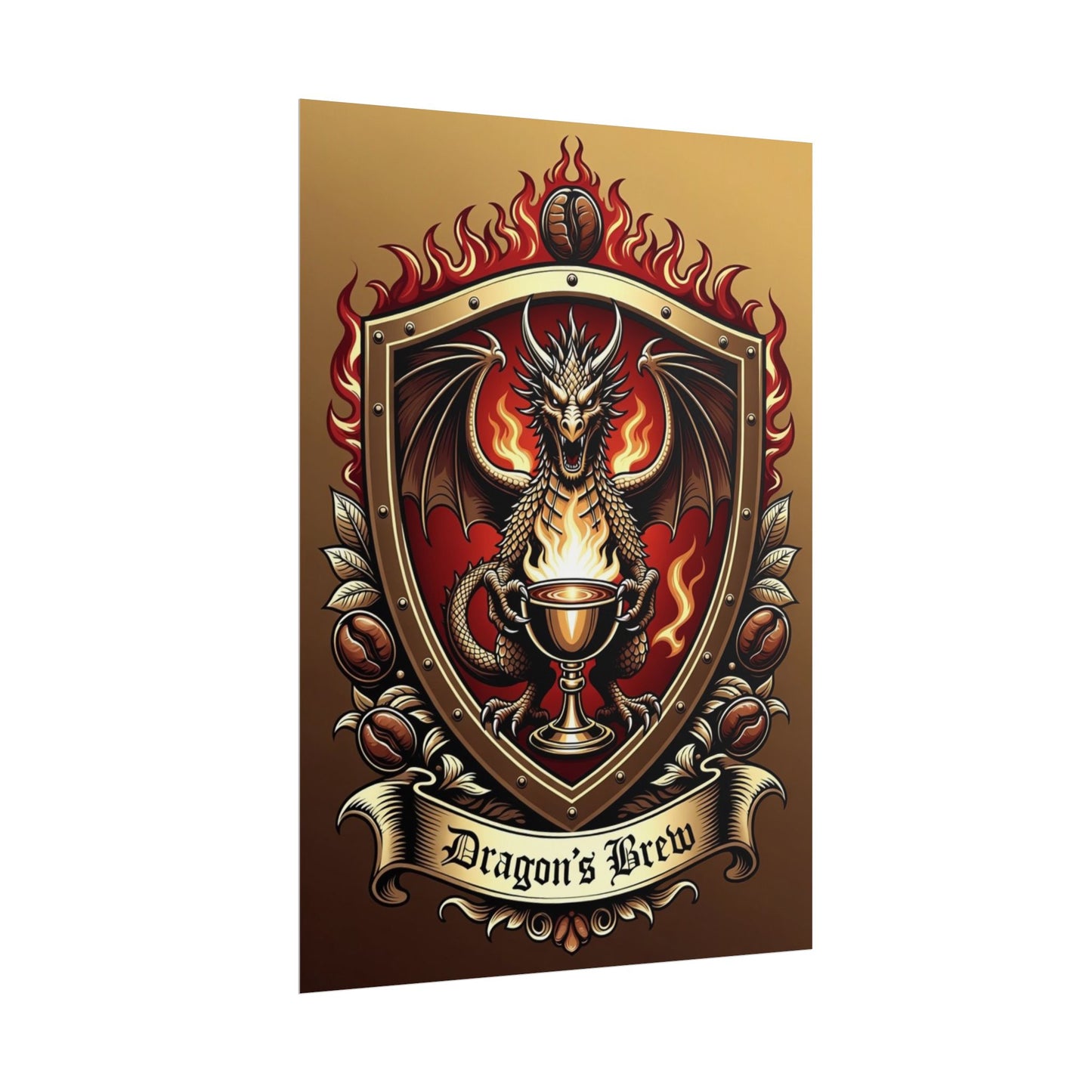 Dragon's Brew Poster — Fantasy Dragon Shield Artwork Rolled Poster