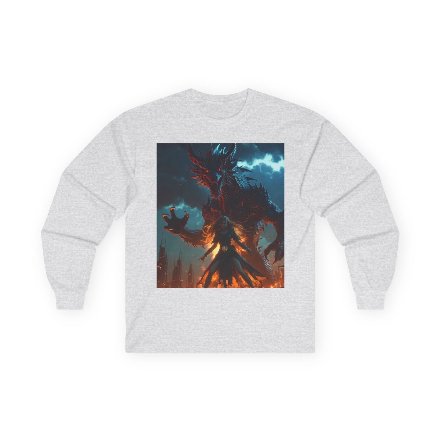 Dragon of Flame Long Sleeve Tee — Dark Fantasy Fire Demon Artwork
