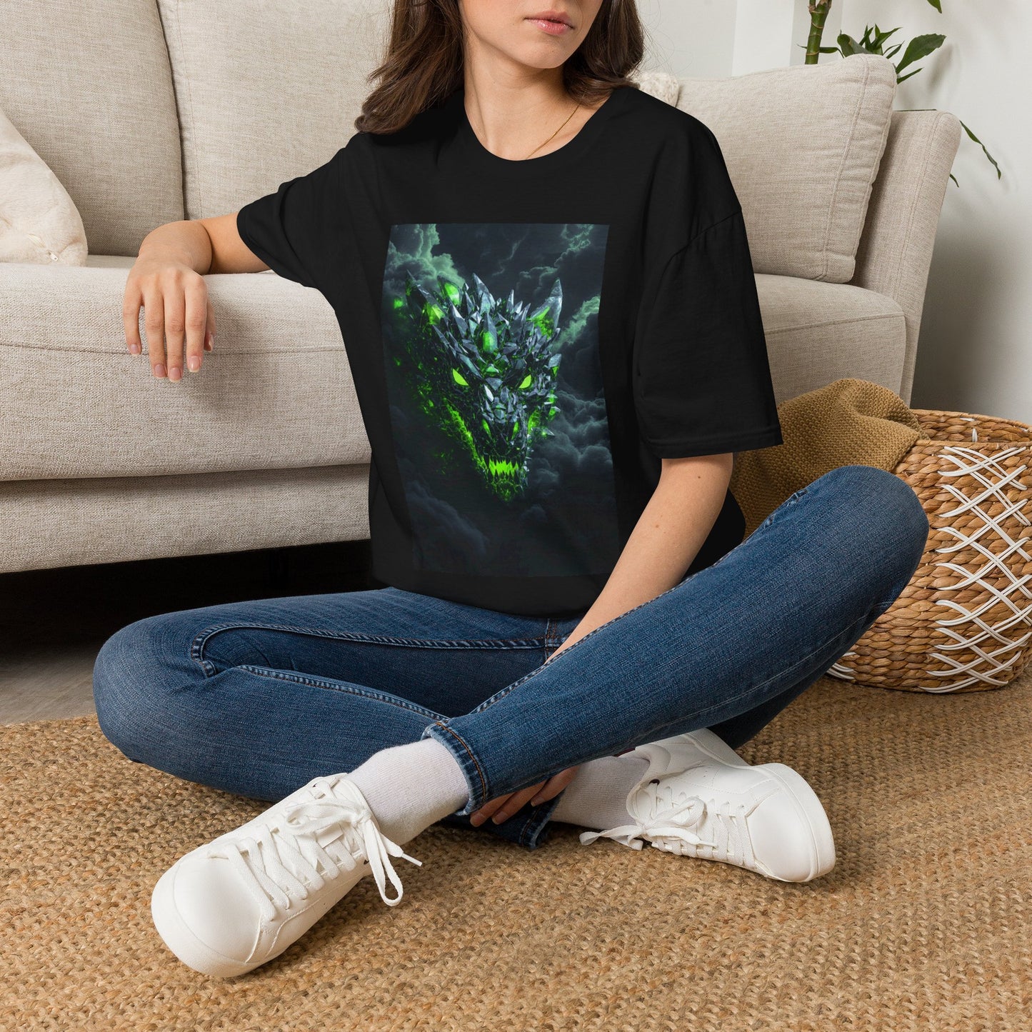 Dragon Skull T‑Shirt — Neon Green Crystal Wyvern Graphic Tee