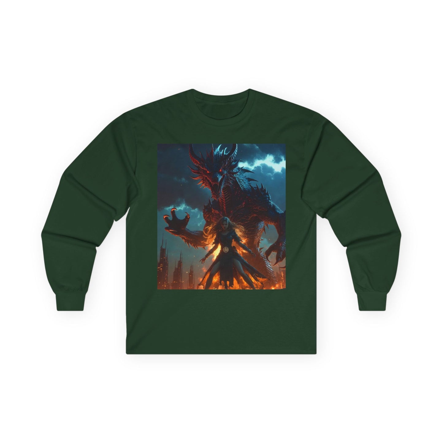 Dragon of Flame Long Sleeve Tee — Dark Fantasy Fire Demon Artwork