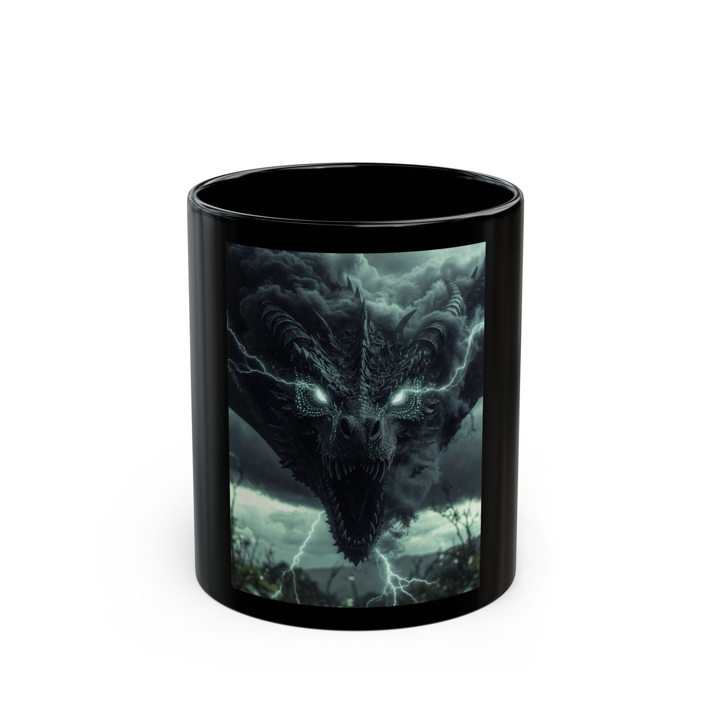 Dragon Storm Black Coffee Mug — Dark Fantasy Dragon Illustration (11oz & 15oz)