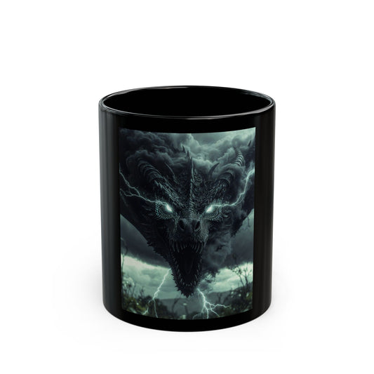 Dragon Storm Black Coffee Mug — Dark Fantasy Dragon Illustration (11oz & 15oz)