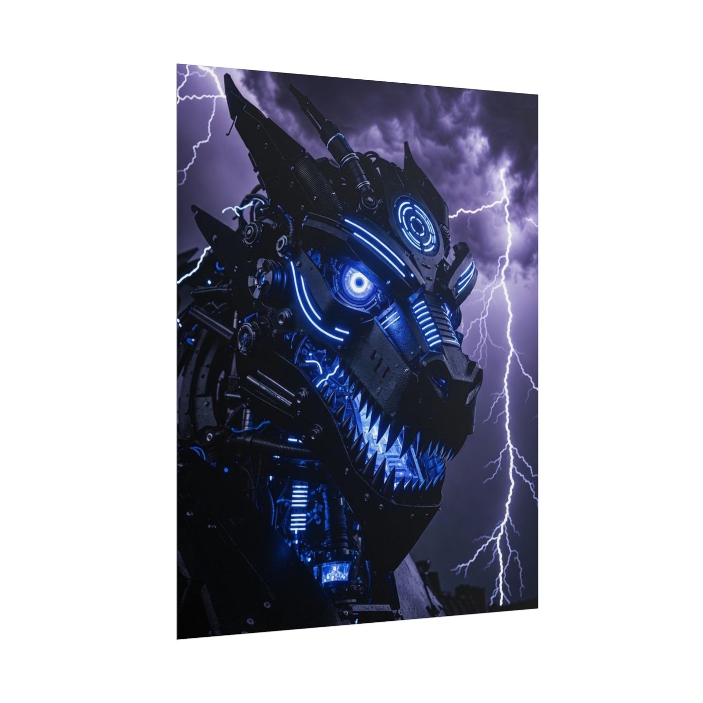 CyberDragon Storm Poster — Futuristic Mech Wolf Art Print (Rolled Poster)