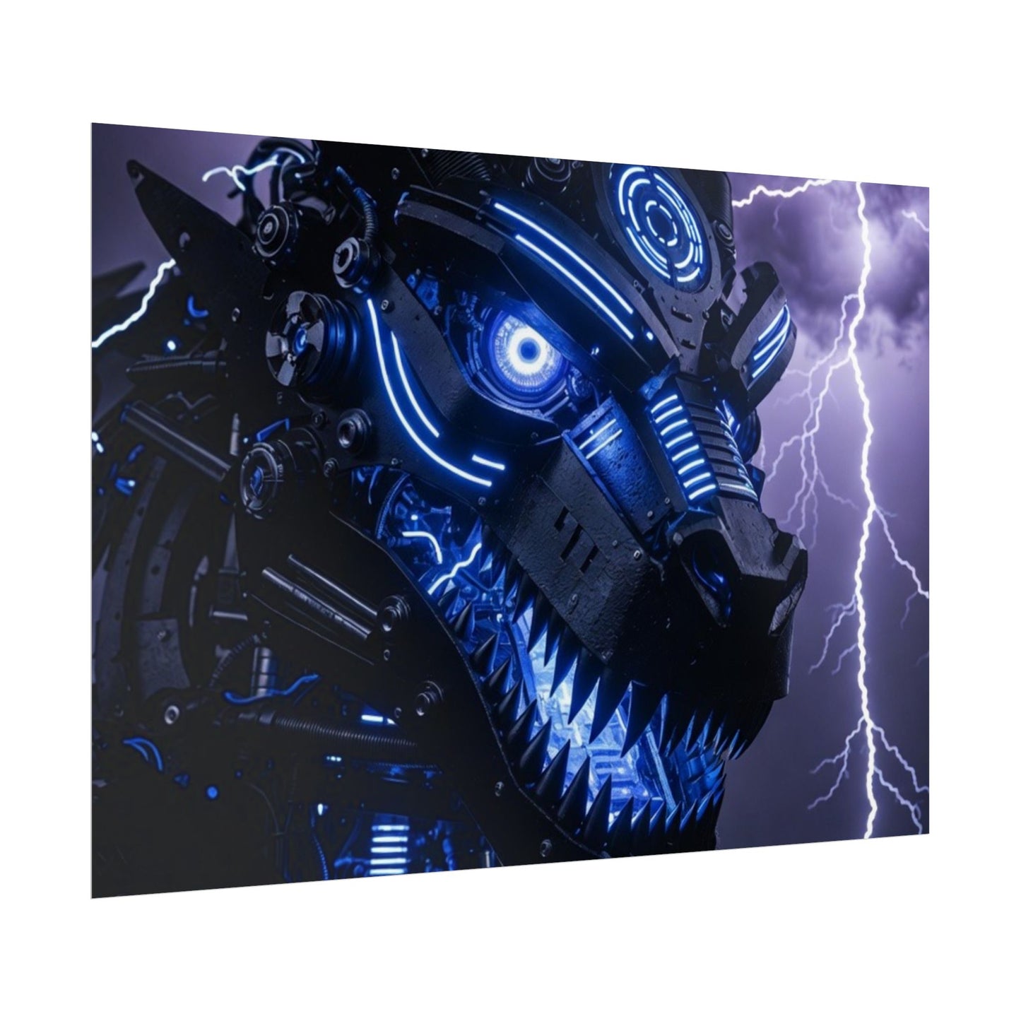 CyberDragon Storm Poster — Futuristic Mech Wolf Art Print (Rolled Poster)