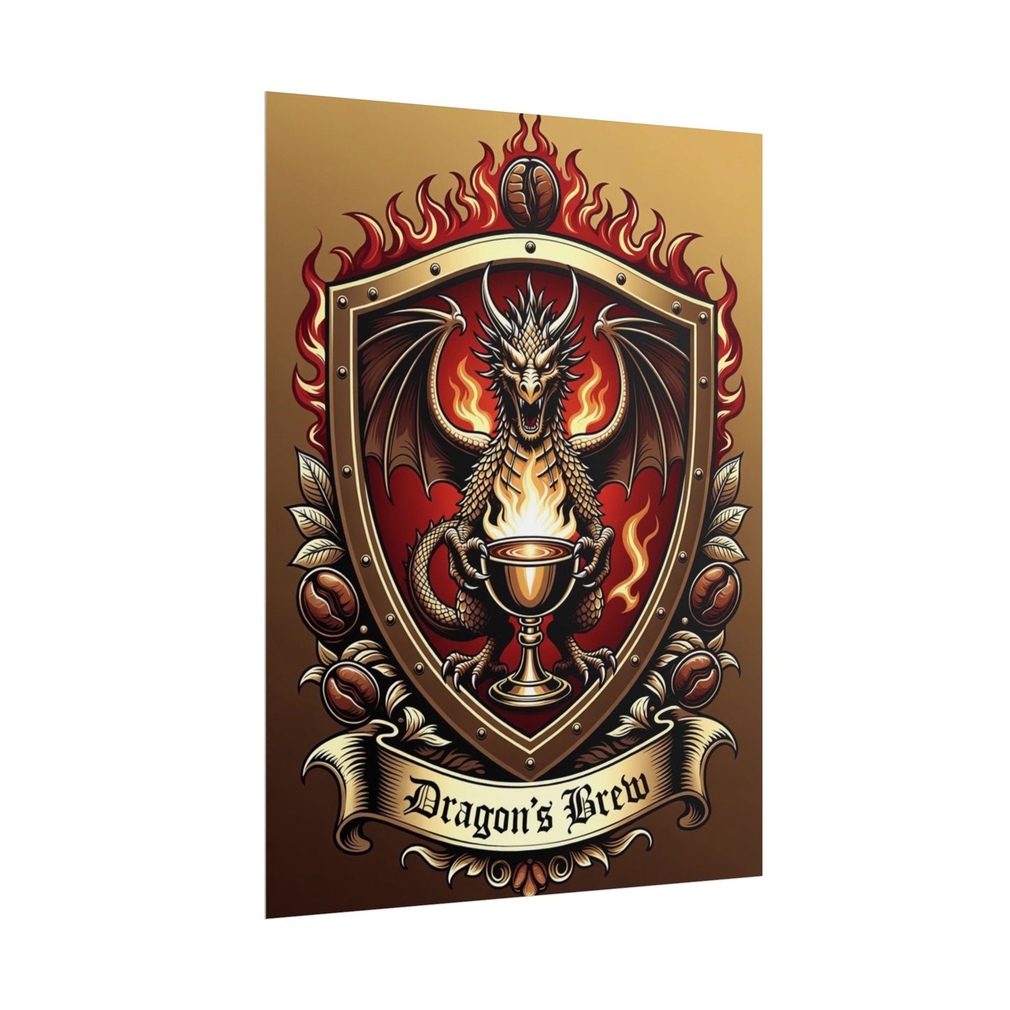 Dragon's Brew Poster — Fantasy Dragon Shield Artwork Rolled Poster