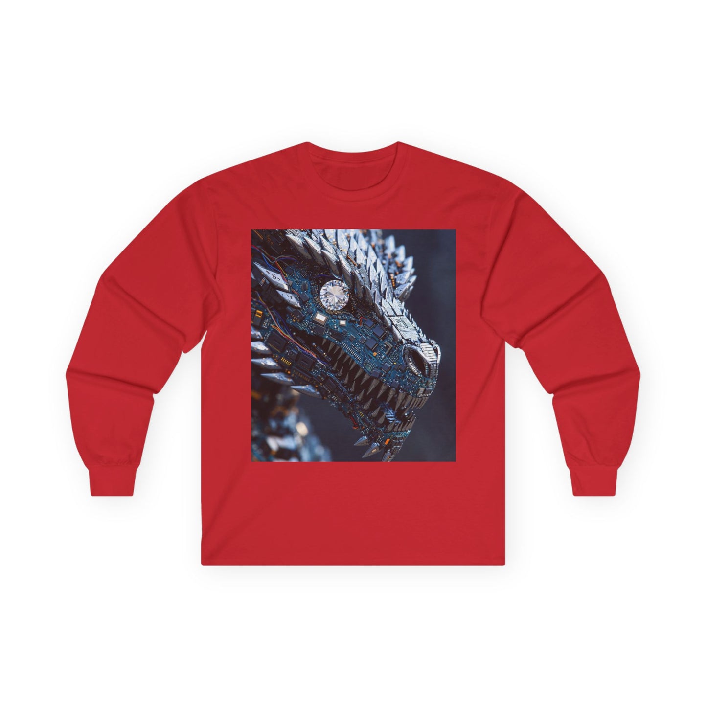 Dragon Head Graphic Long Sleeve Tee — Metallic Fantasy Artwork