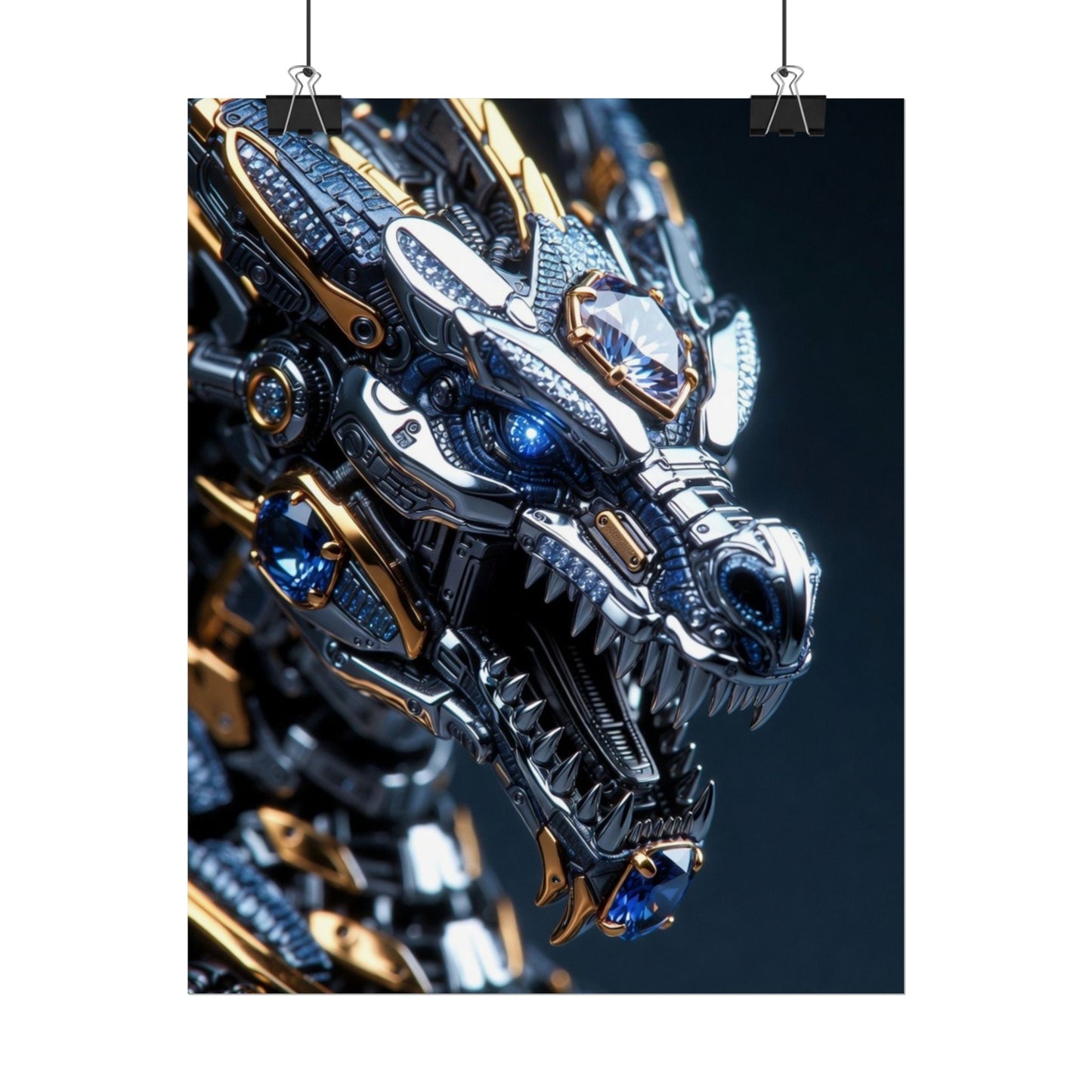 Mechanical Dragon Poster — Futuristic Gold & Blue Sci‑Fi Wall Art