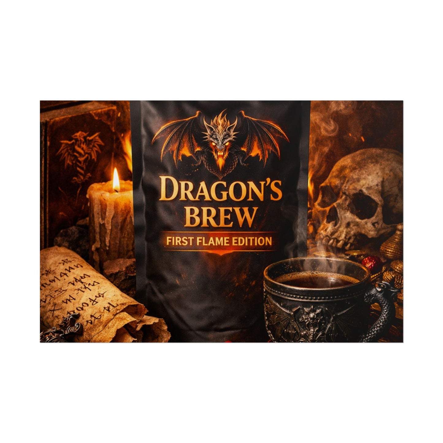 Rolled Poster — "Dragon's Brew: First Flame Edition" Fantasy Coffee Art Print
