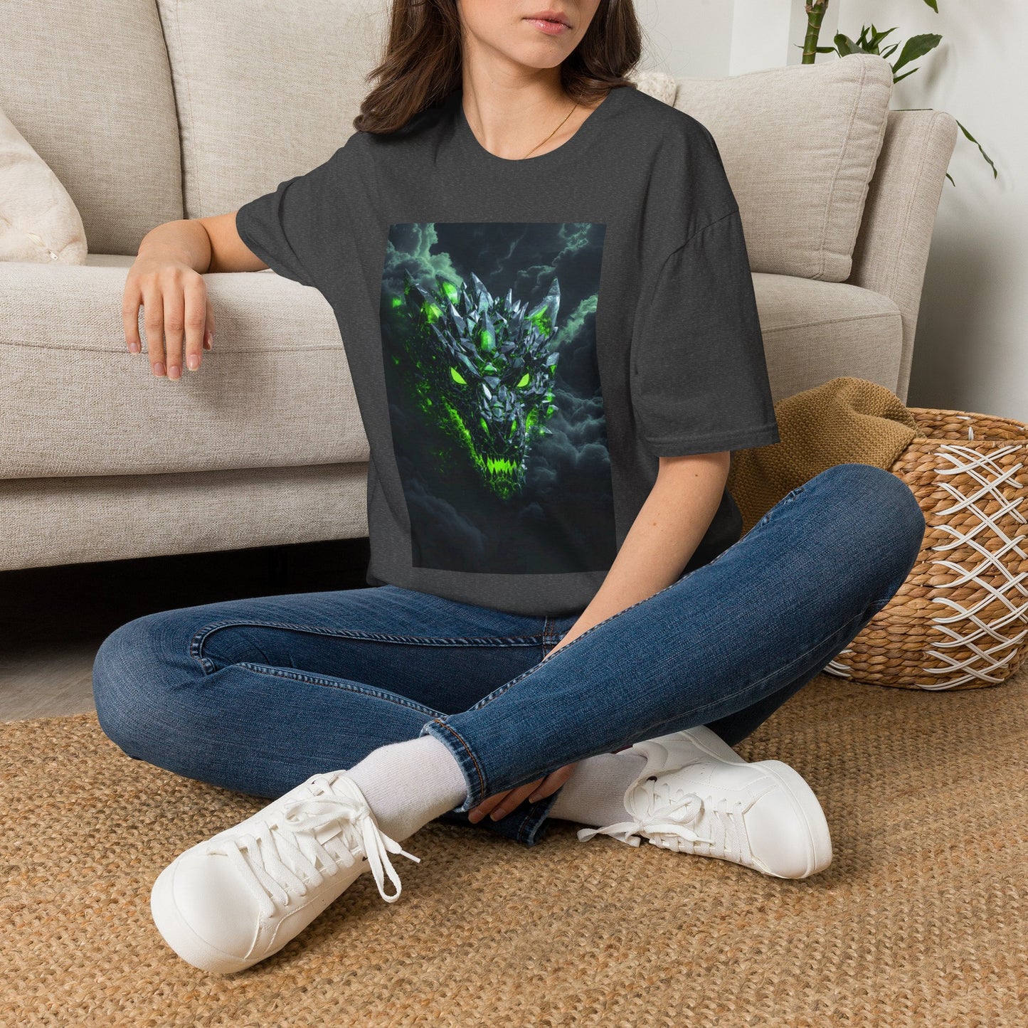 Dragon Skull T‑Shirt — Neon Green Crystal Wyvern Graphic Tee