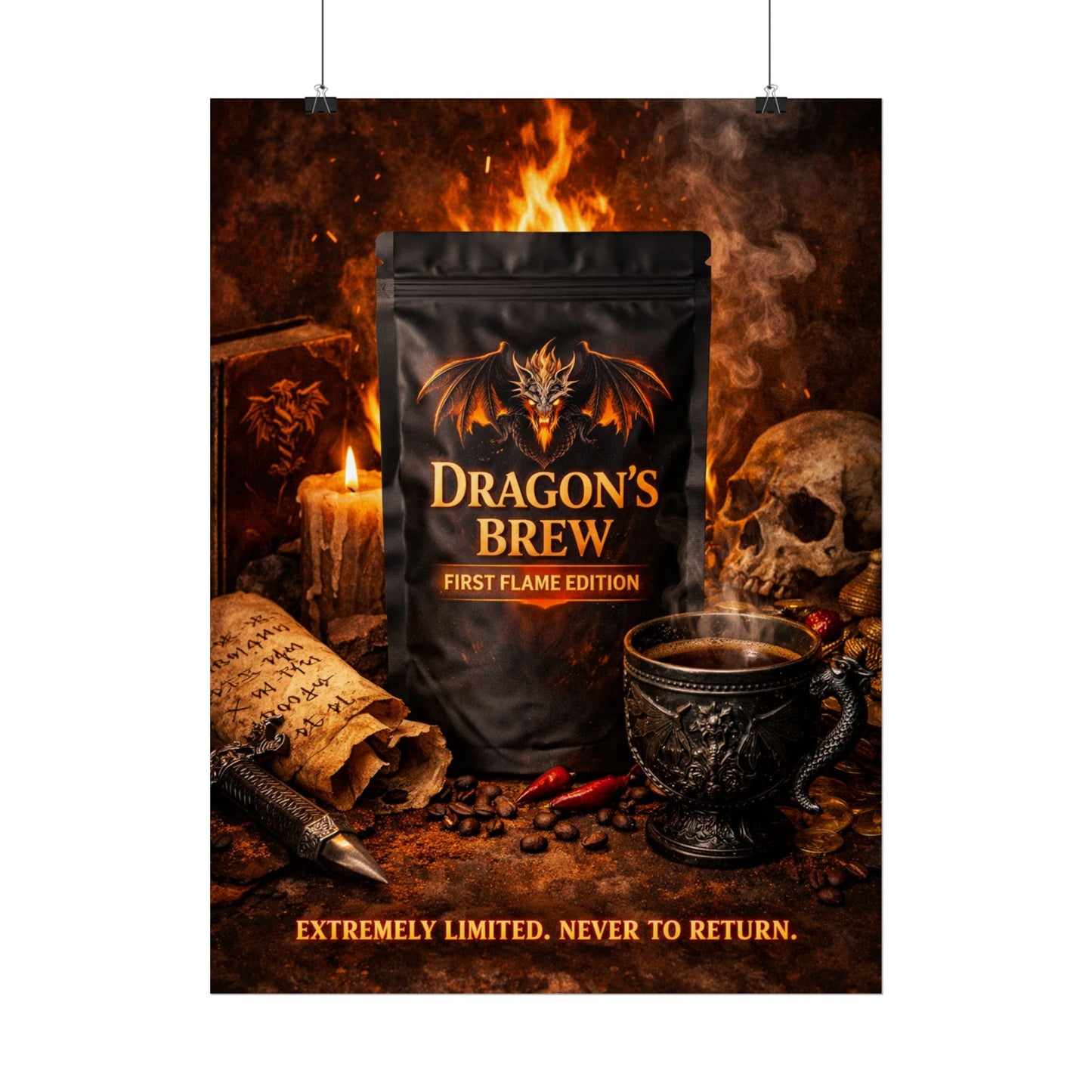 Rolled Poster — "Dragon's Brew: First Flame Edition" Fantasy Coffee Art Print