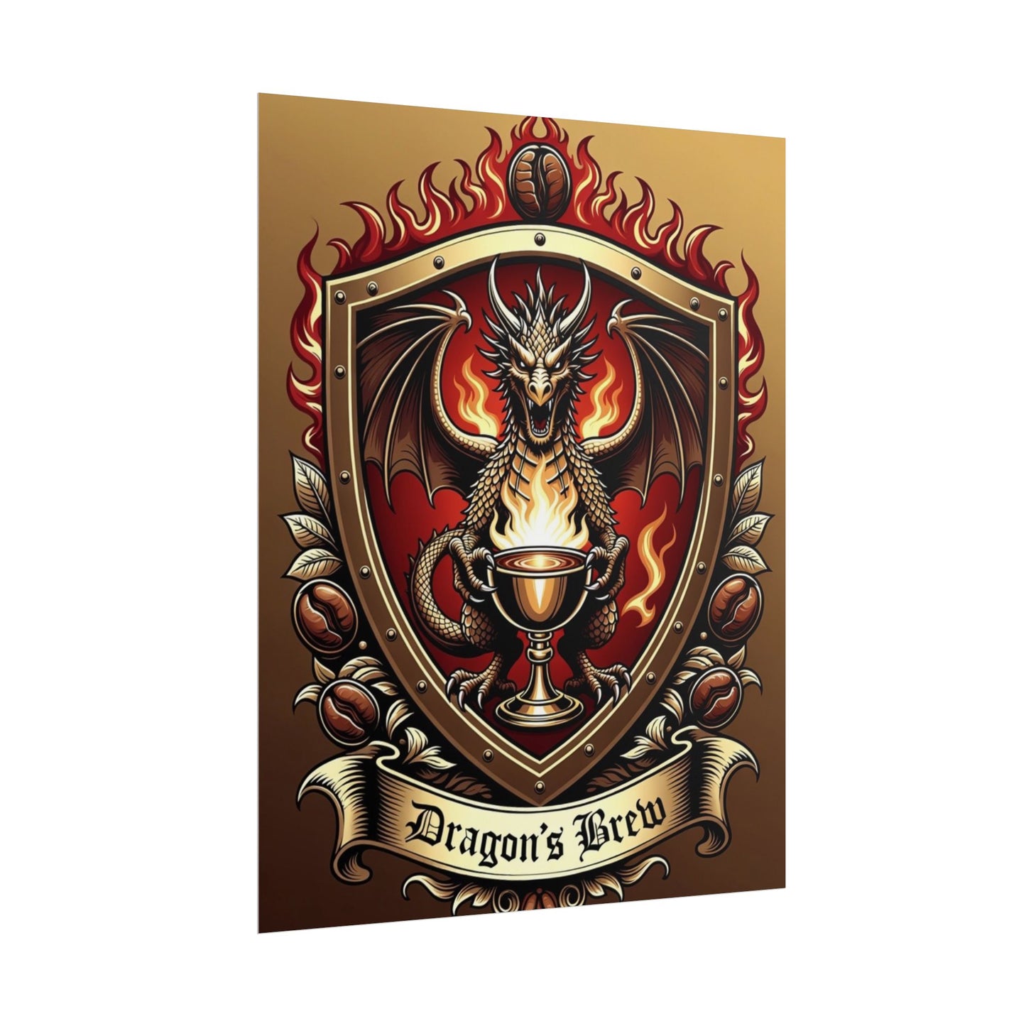 Dragon's Brew Poster — Fantasy Dragon Shield Artwork Rolled Poster