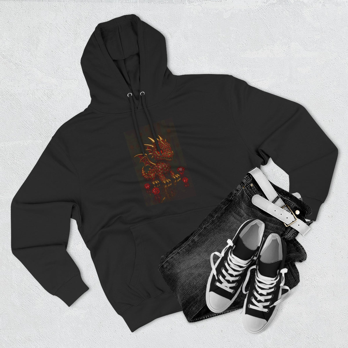 A RUBY RED Dragon Swirl Fleece Hoodie - Three-Panel Design for Fantasy Lovers