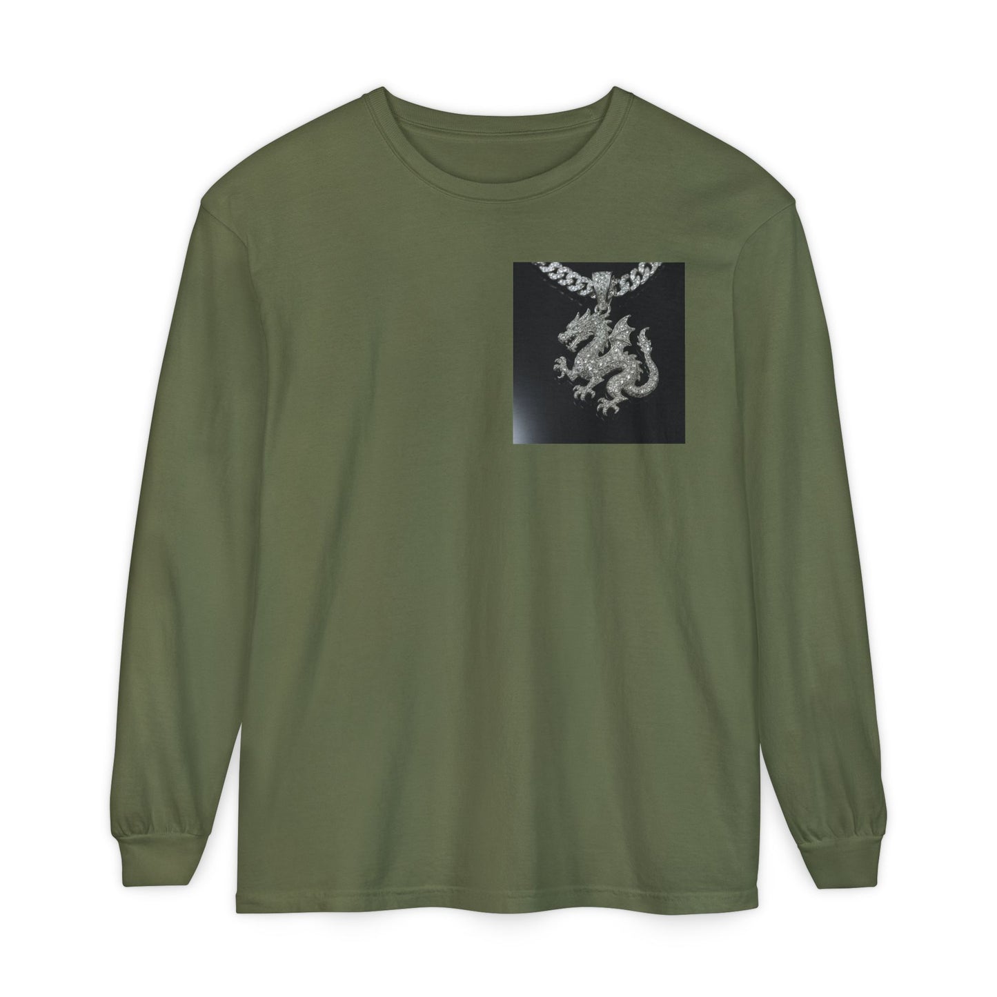 Dragon Pendant Long Sleeve T‑Shirt — Gothic Silver Chain Graphic
