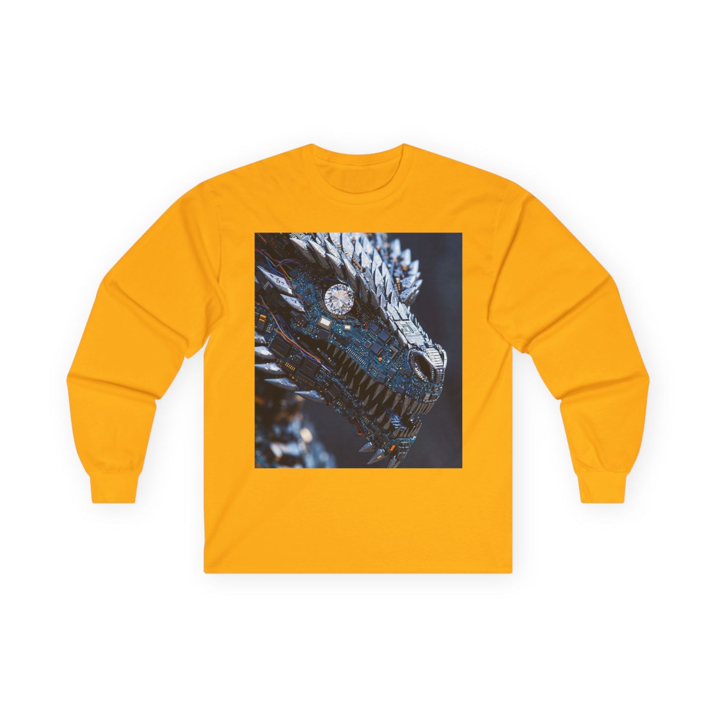 Dragon Head Graphic Long Sleeve Tee — Metallic Fantasy Artwork