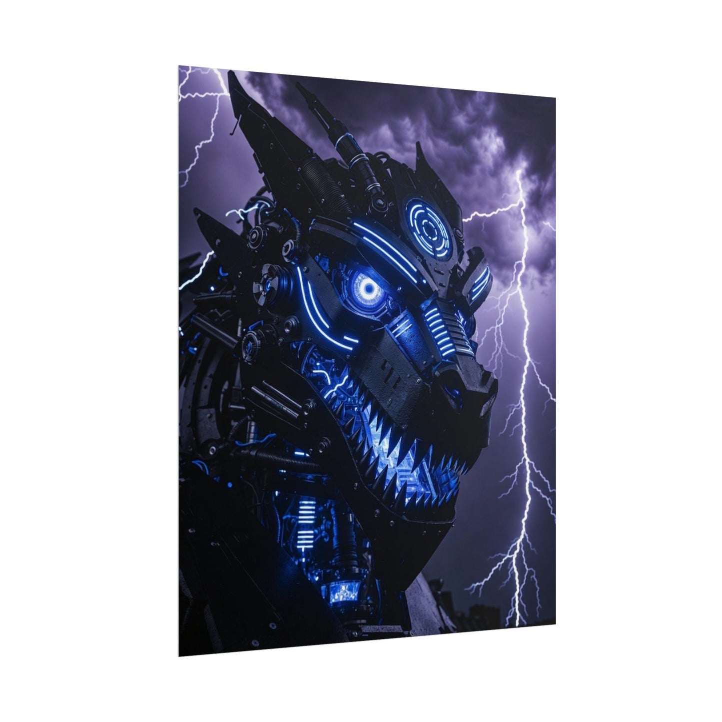 CyberDragon Storm Poster — Futuristic Mech Wolf Art Print (Rolled Poster)