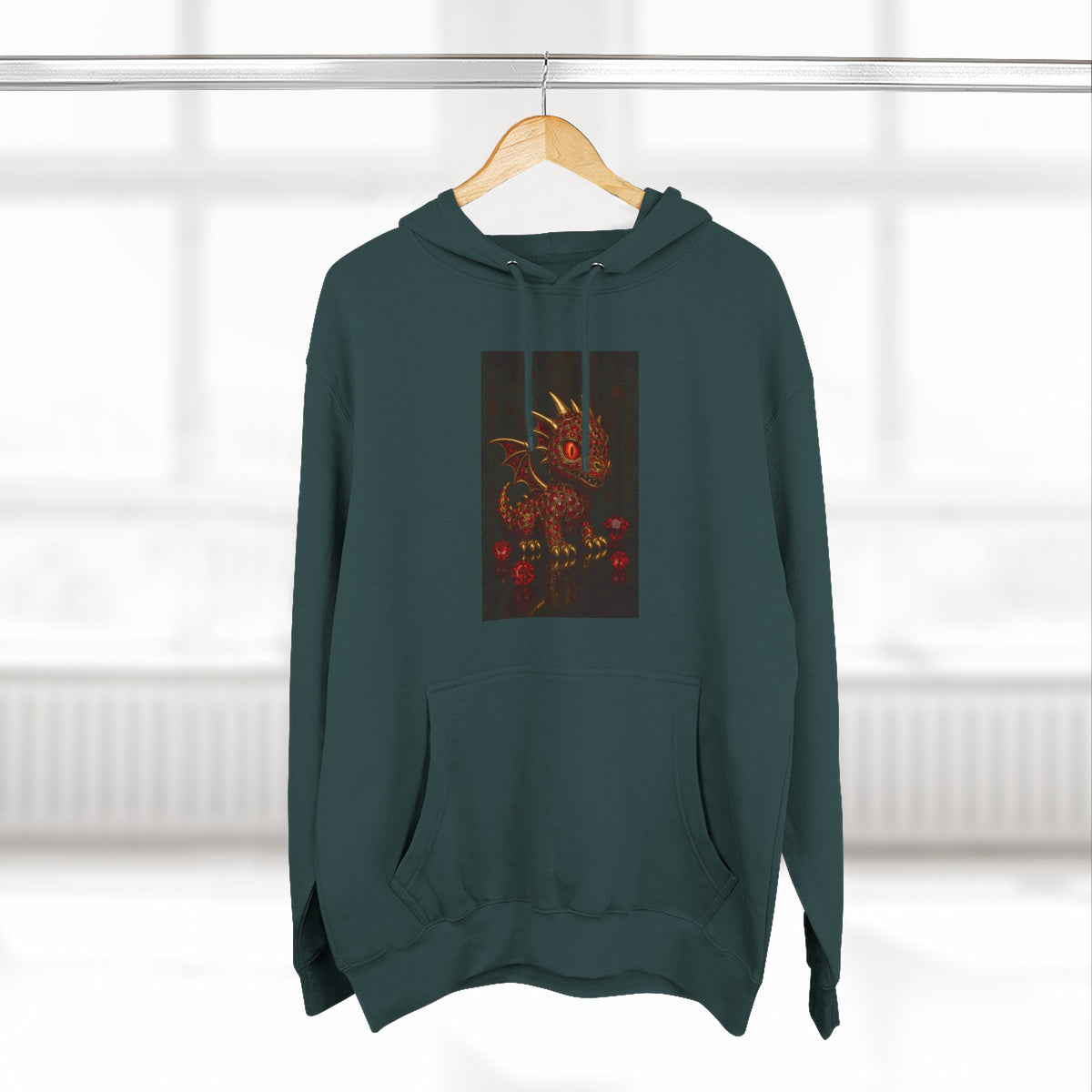A RUBY RED Dragon Swirl Fleece Hoodie - Three-Panel Design for Fantasy Lovers