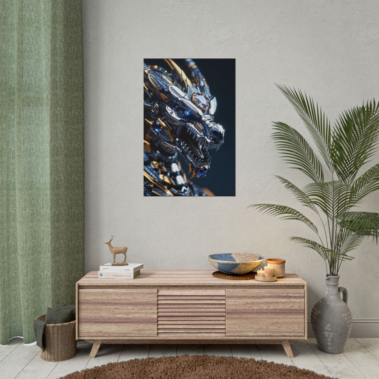 Mechanical Dragon Poster — Futuristic Gold & Blue Sci‑Fi Wall Art