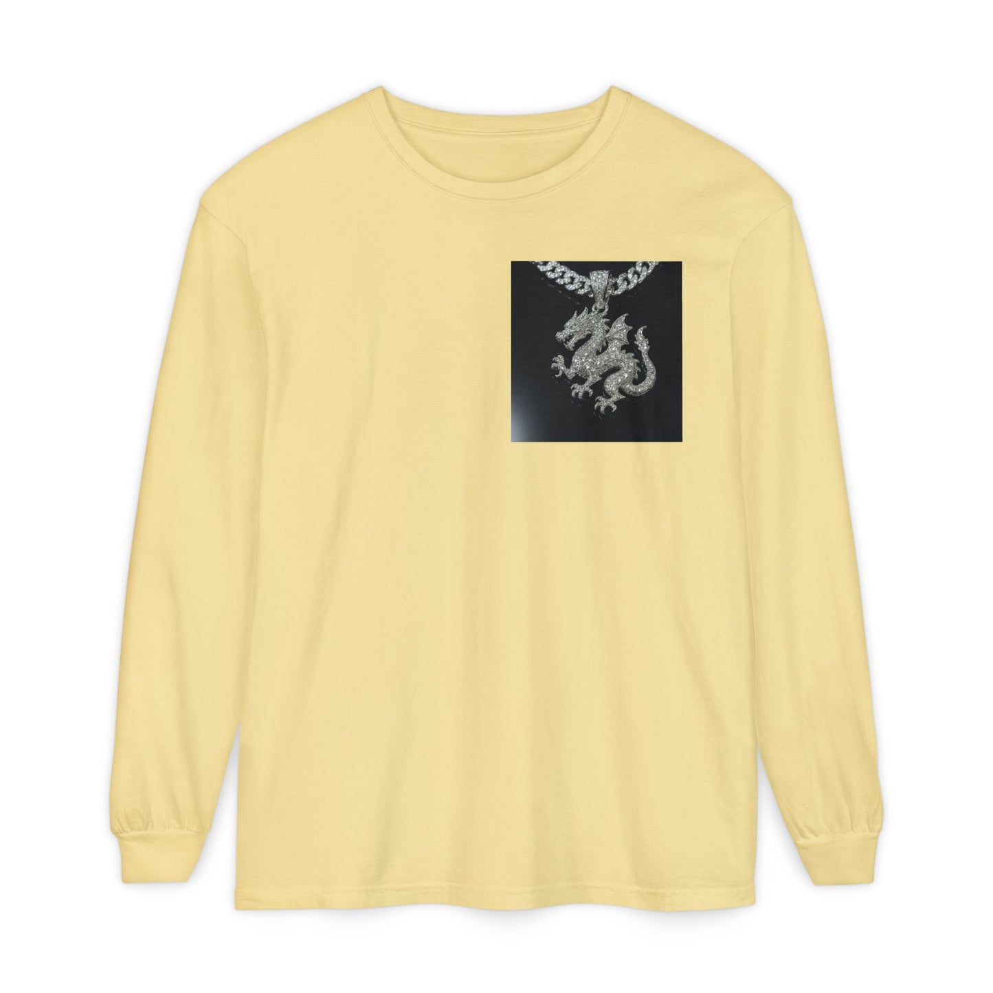 Dragon Pendant Long Sleeve T‑Shirt — Gothic Silver Chain Graphic