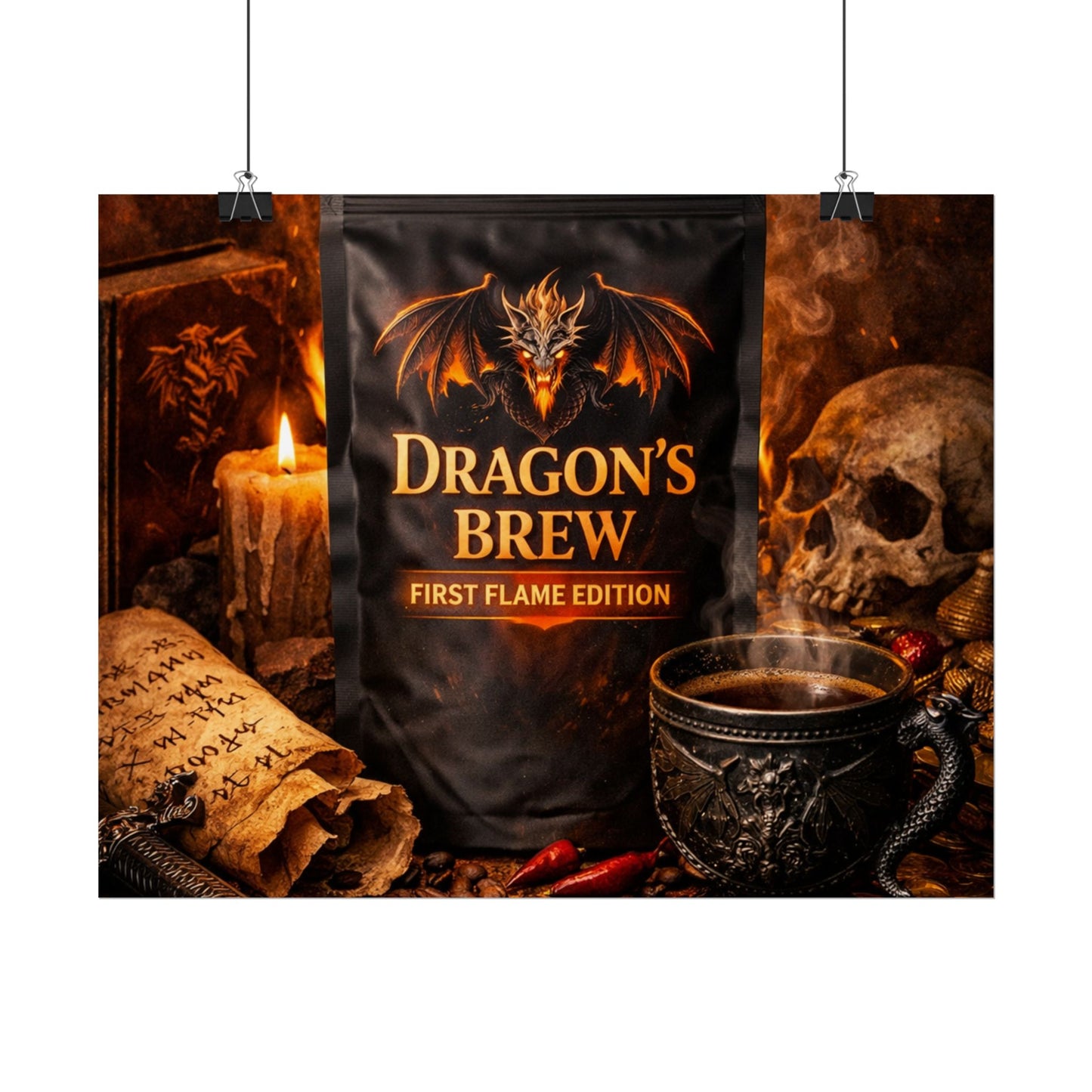 Rolled Poster — "Dragon's Brew: First Flame Edition" Fantasy Coffee Art Print